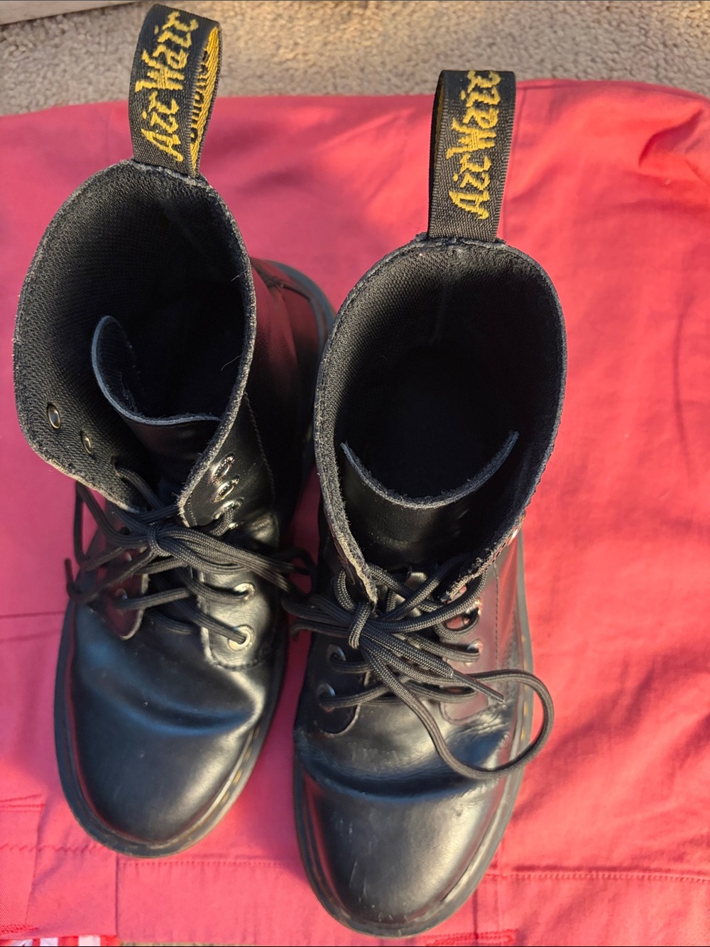 Dr. Martens Black Leather Lace-Up Boots with Yellow Heel Loop